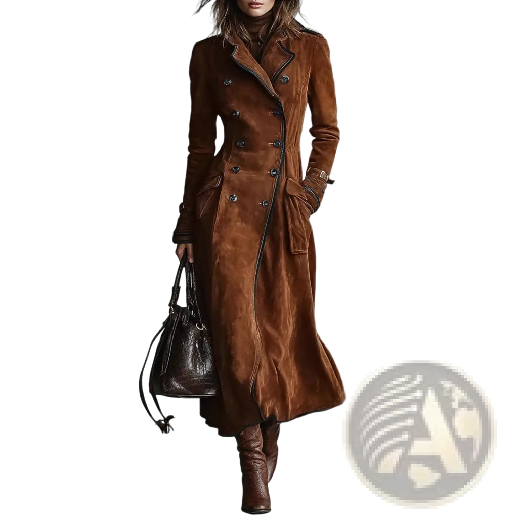 Women suede trench coat brown lapel long jacket featuring double-breasted design black trim and silver buttons