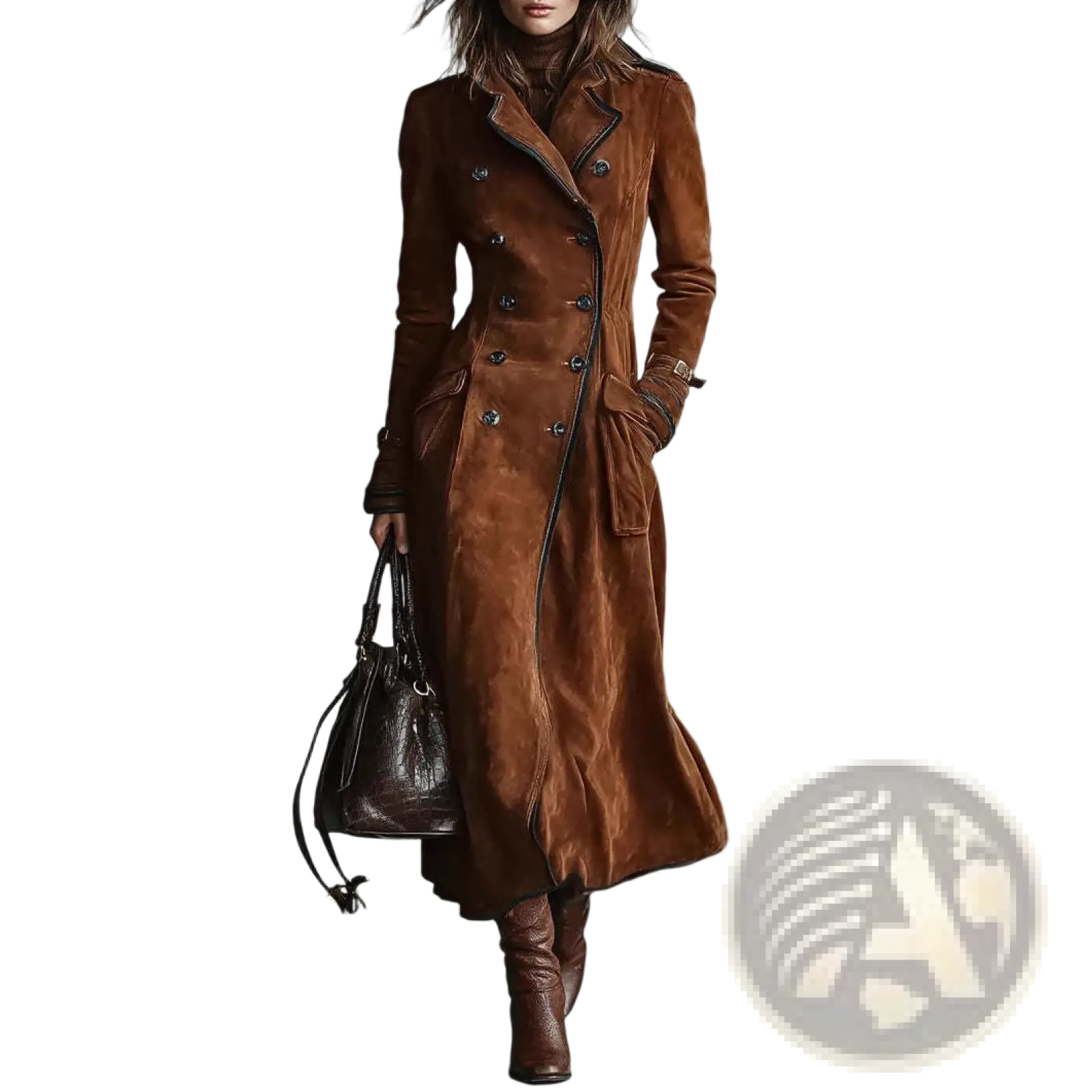 Women suede trench coat brown lapel long jacket featuring double-breasted design black trim and silver buttons