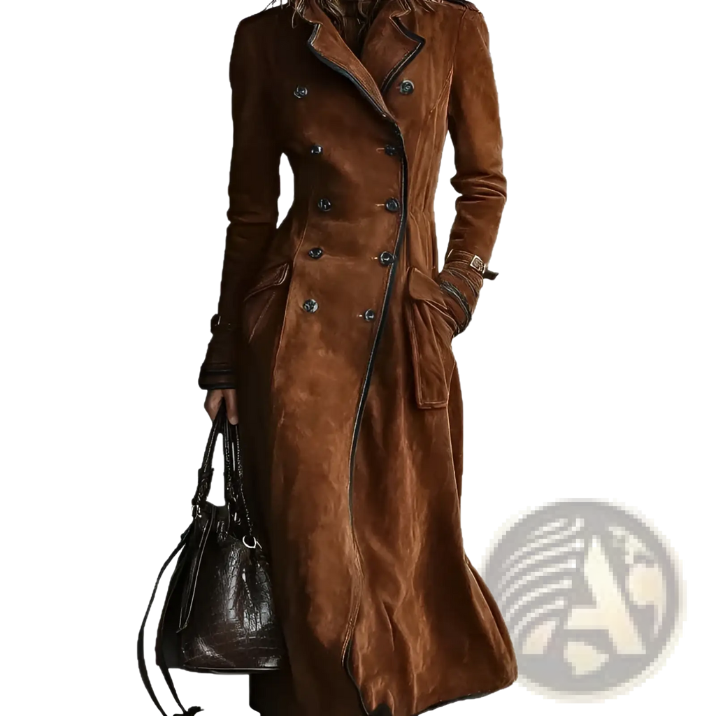 Women suede trench coat brown long jacket with double-breasted design and black buttons in rich brown suede