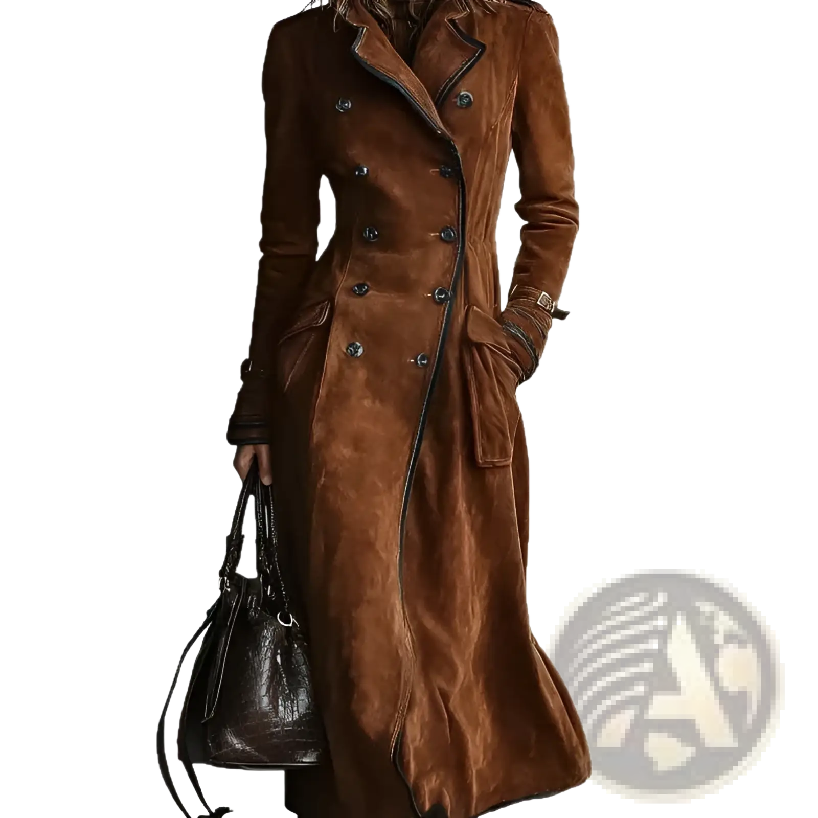 Women suede trench coat brown long jacket with double-breasted design and black buttons in rich brown suede