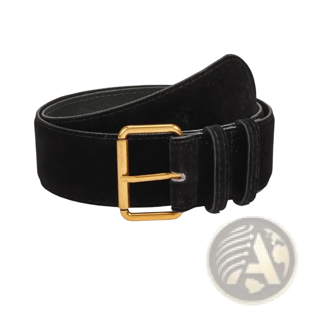 Black suede wide belt for women with a gold-toned rectangular buckle and elegant textured finish