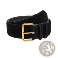 Black suede wide belt for women with a gold-toned rectangular buckle and elegant textured finish