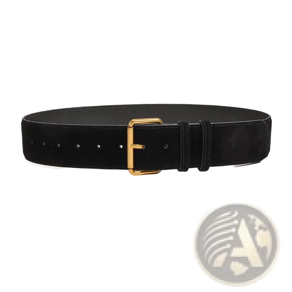 Black suede wide belt for women featuring a gold tone buckle for stylish and elegant wear