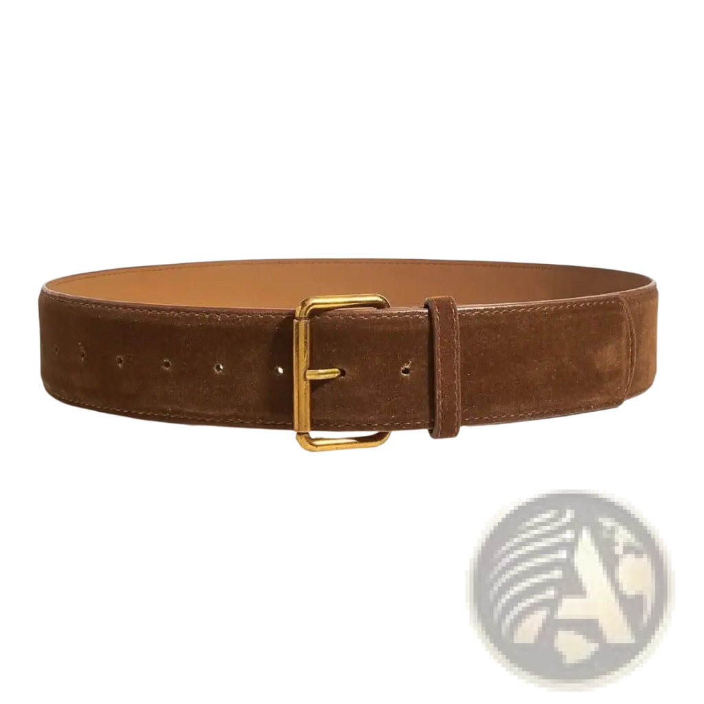 Brown suede wide belt for women with a gold-toned buckle and adjustable multiple length options