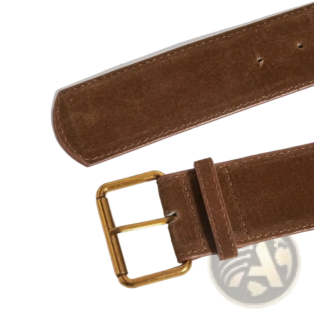 Women suede wide belt in brown with a gold-toned rectangular buckle featuring a soft suede texture