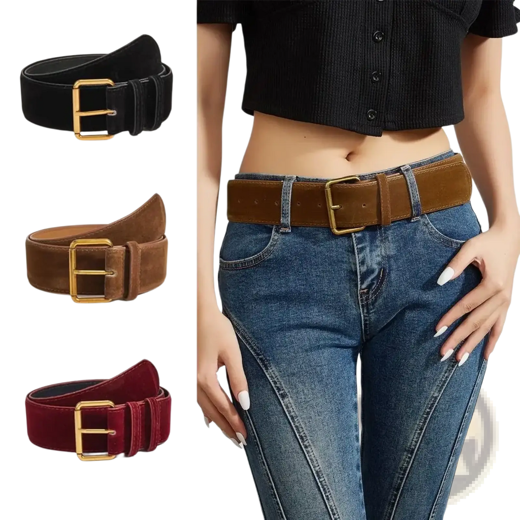 Brown suede wide belt for women with a gold-toned rectangular buckle showcasing luxury and style