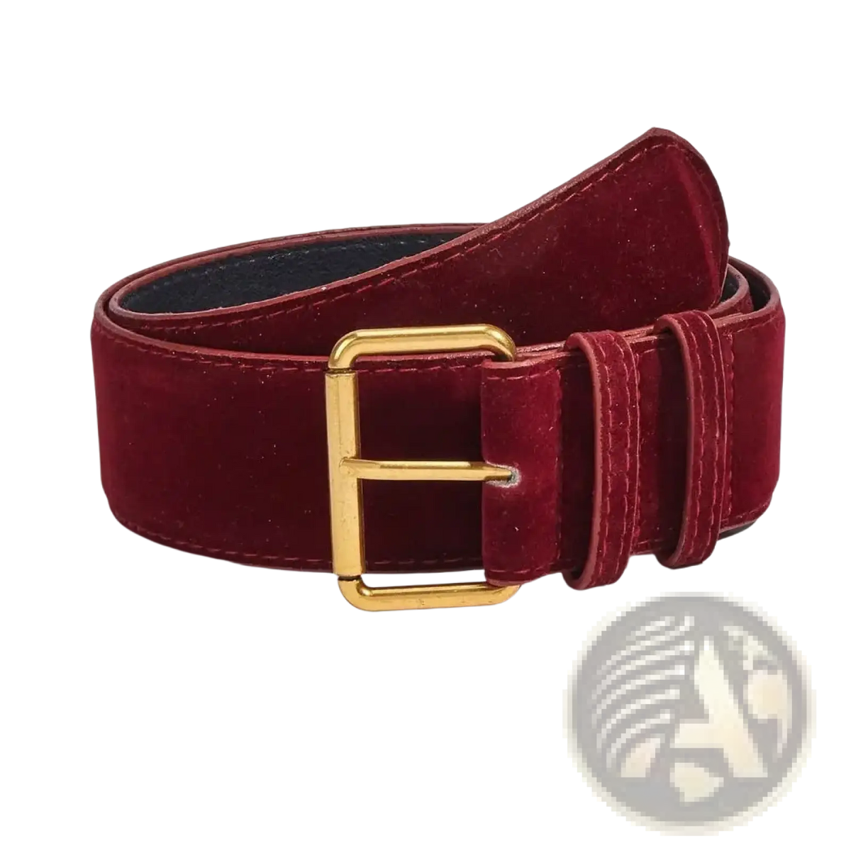 A rich burgundy women suede wide belt with a polished gold-toned rectangular buckle