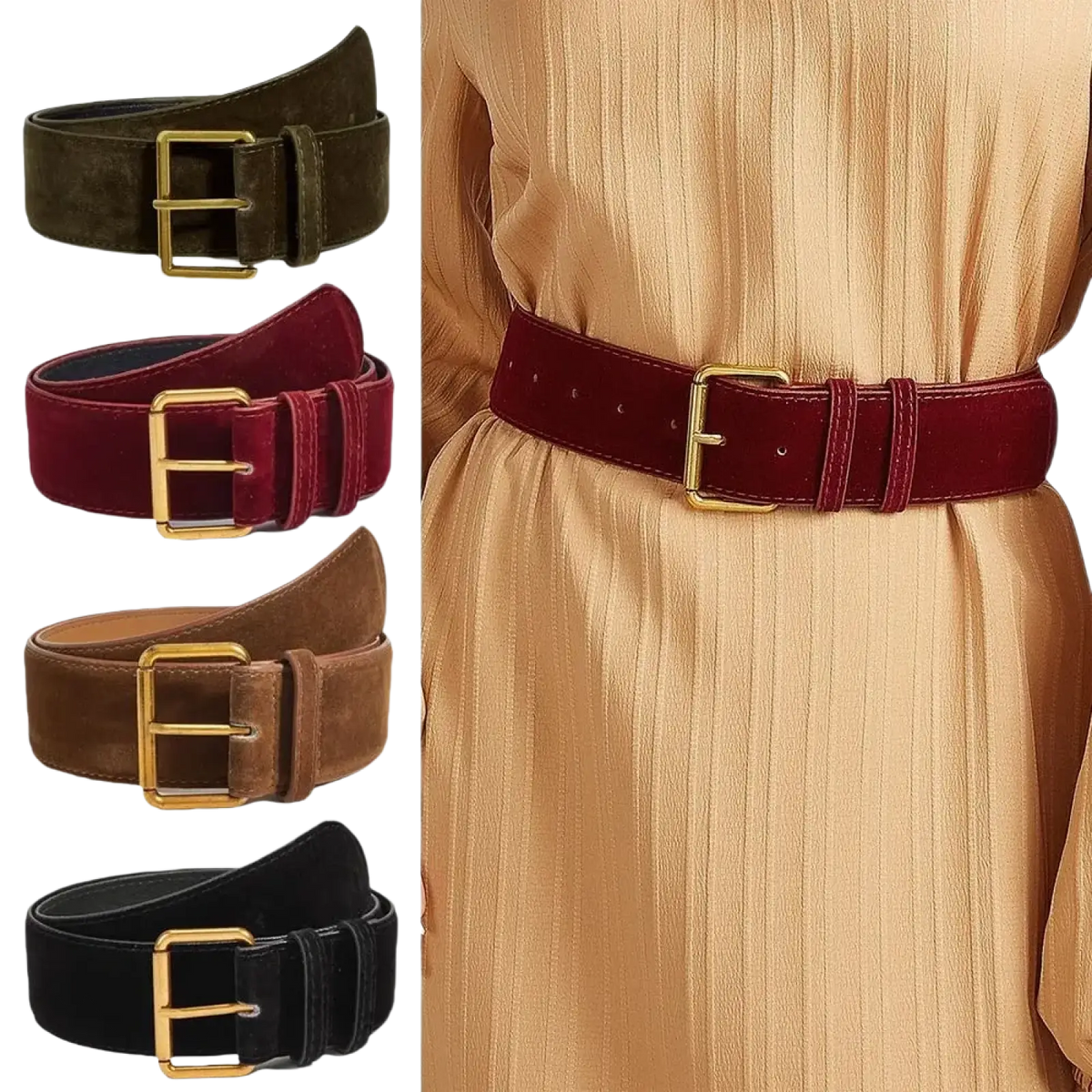 A rich burgundy women suede wide belt with a polished gold-toned rectangular buckle