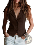 Women suit vest formal slim fit waistcoat in brown sleeveless tailored blazer style with three dark buttons