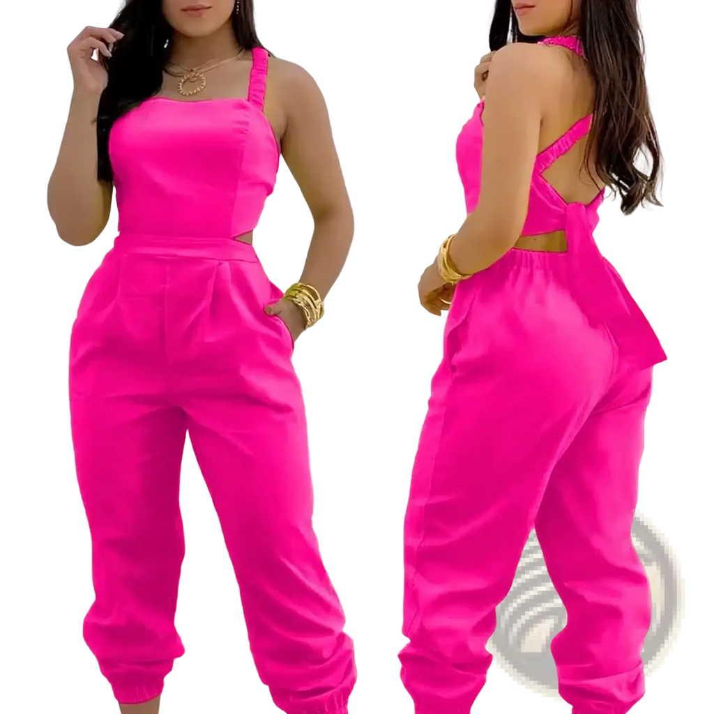 Bright pink halter-neck women summer printed cutout jumpsuit with elastic cuffs designed for casual wear