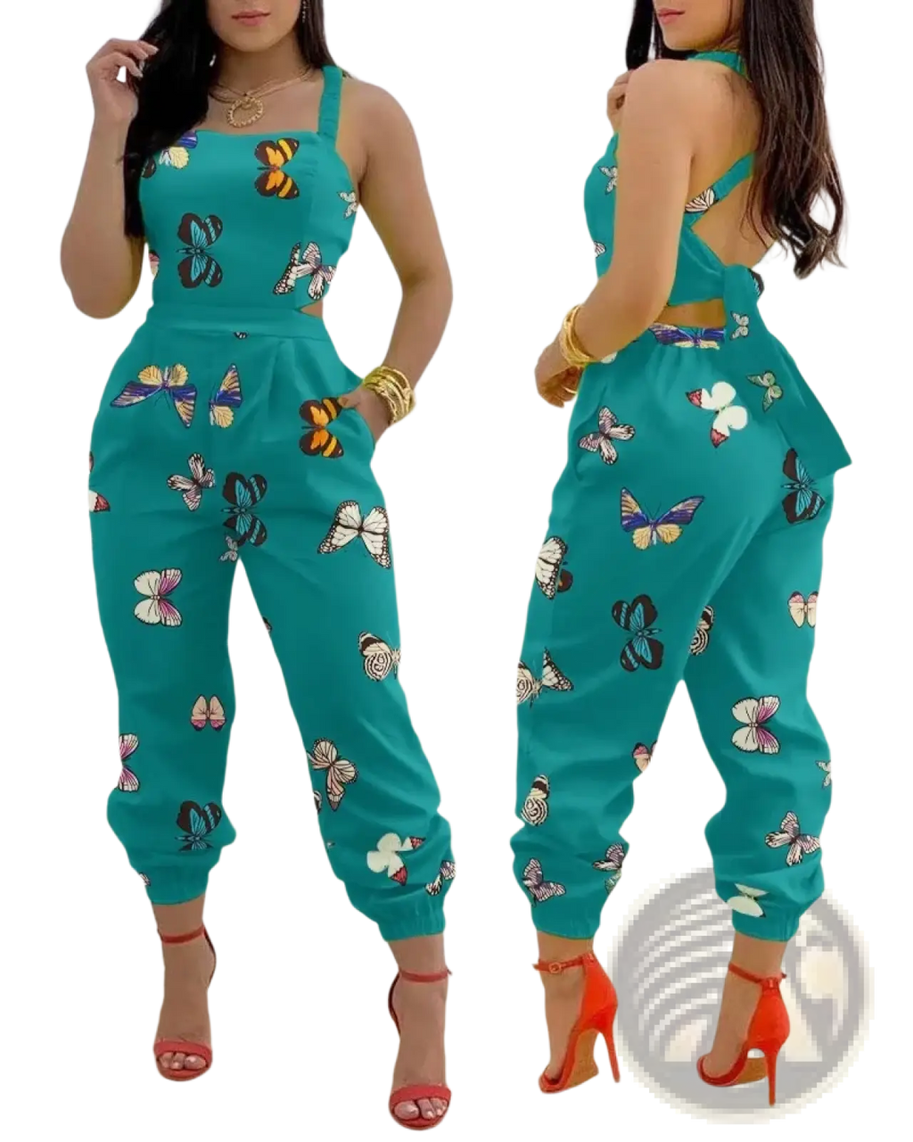 Women summer printed cutout jumpsuit in teal with butterfly print halter neck and side cutouts for casual wear