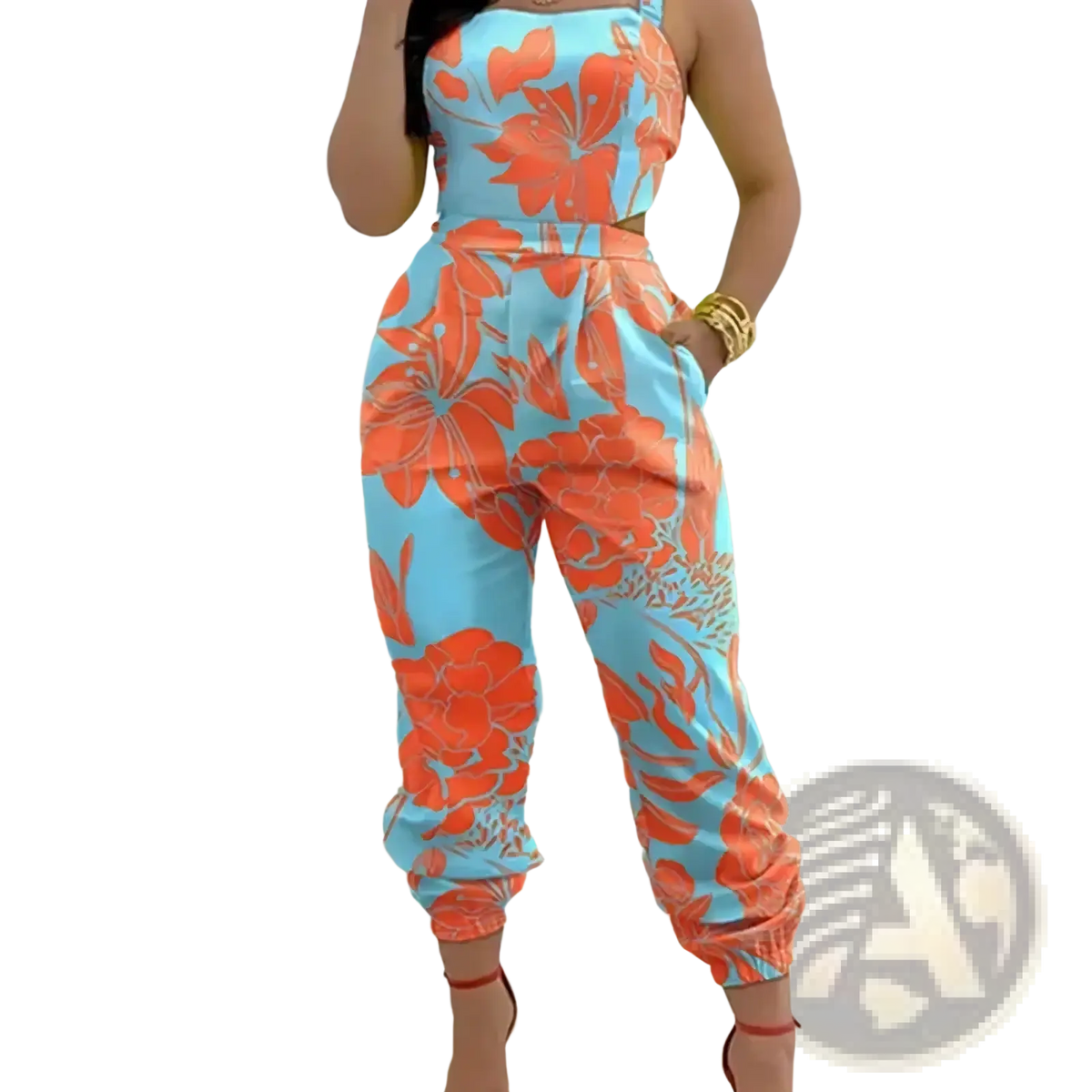 Women summer printed cutout jumpsuit featuring a vibrant turquoise and orange floral halter crop top with tapered pants