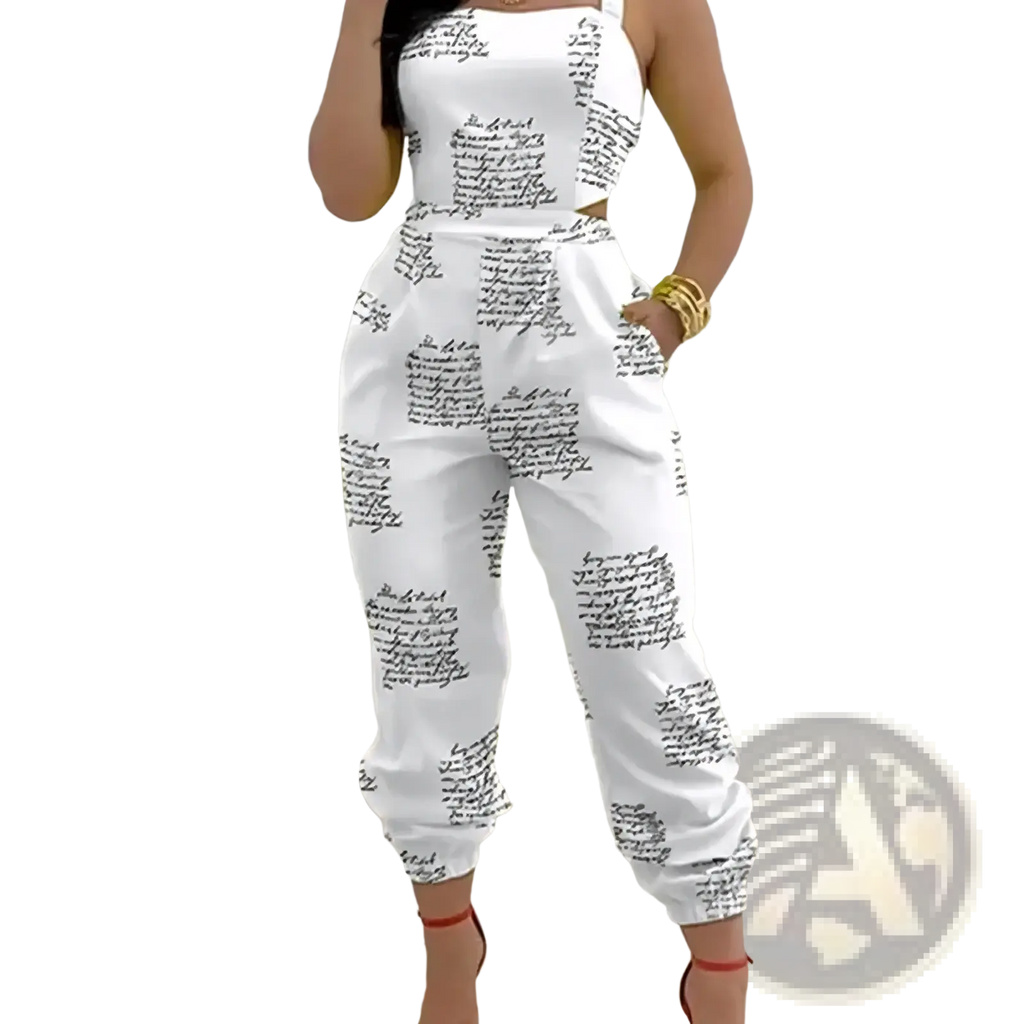 White women summer printed jumpsuit with black handwritten script pattern and stylish cutout side details