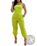 Women summer printed sleeveless neon yellow jumpsuit with square neckline, side cutouts, and elasticated cuffs