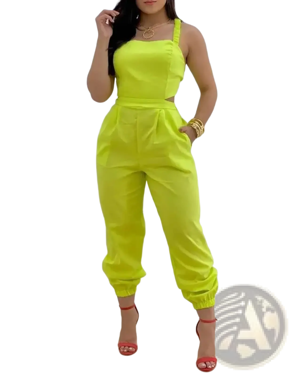 Women summer printed sleeveless neon yellow jumpsuit with square neckline, side cutouts, and elasticated cuffs