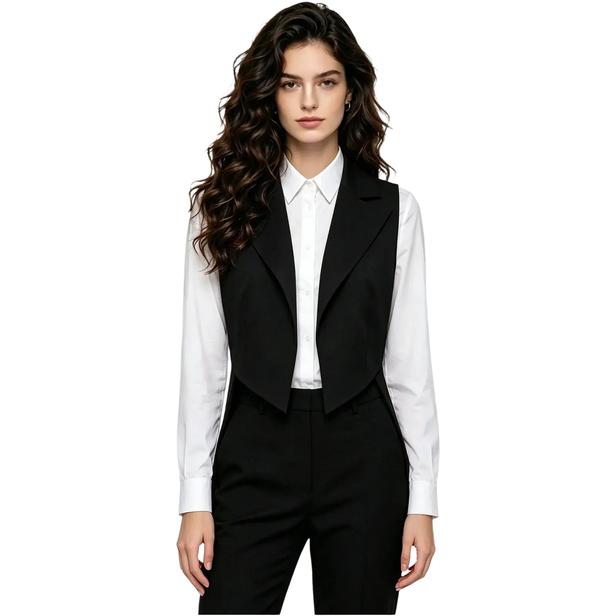 Women tailcoat vest swallowtail tuxedo formal waistcoat in black tailored fabric with notched lapels and modern design