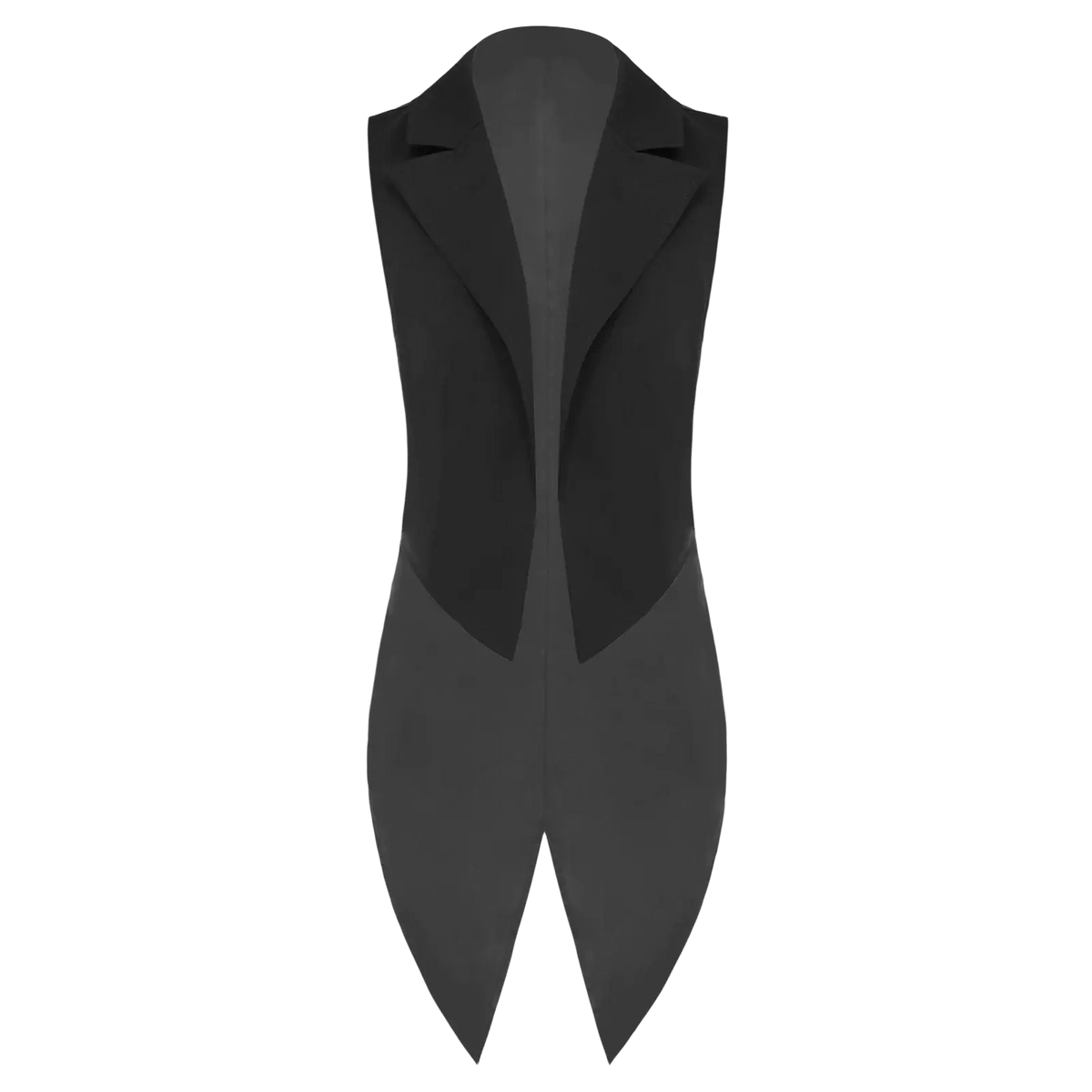Black tailored women tailcoat vest with classic notched collar and sharp tailoring for formal tuxedo wear