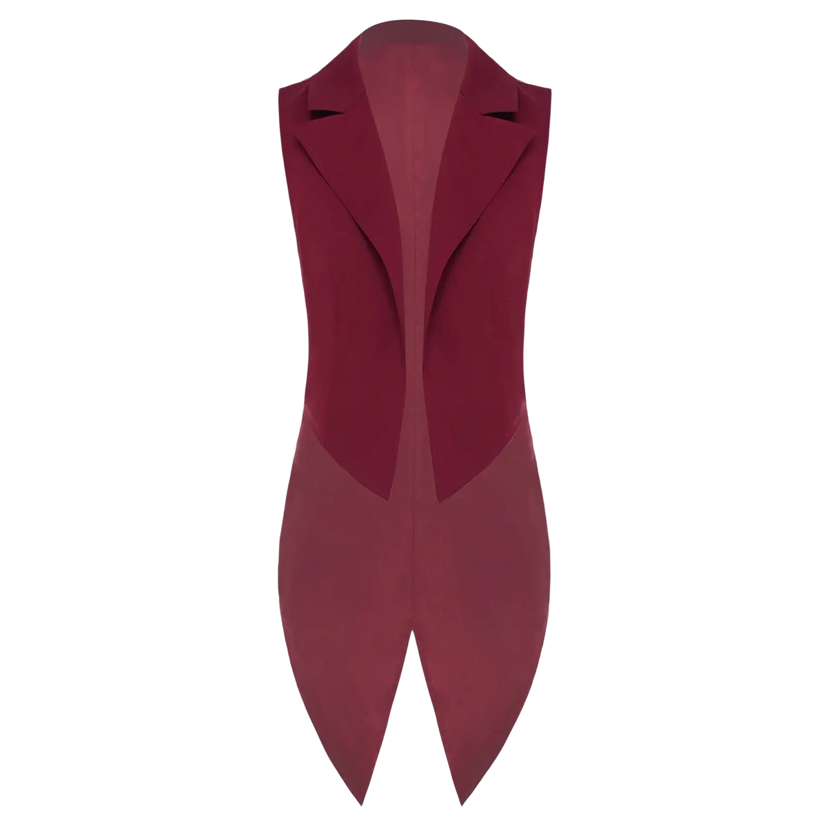 A sleek burgundy sleeveless tailcoat vest with tailored fit and notched lapels for formal womenwear