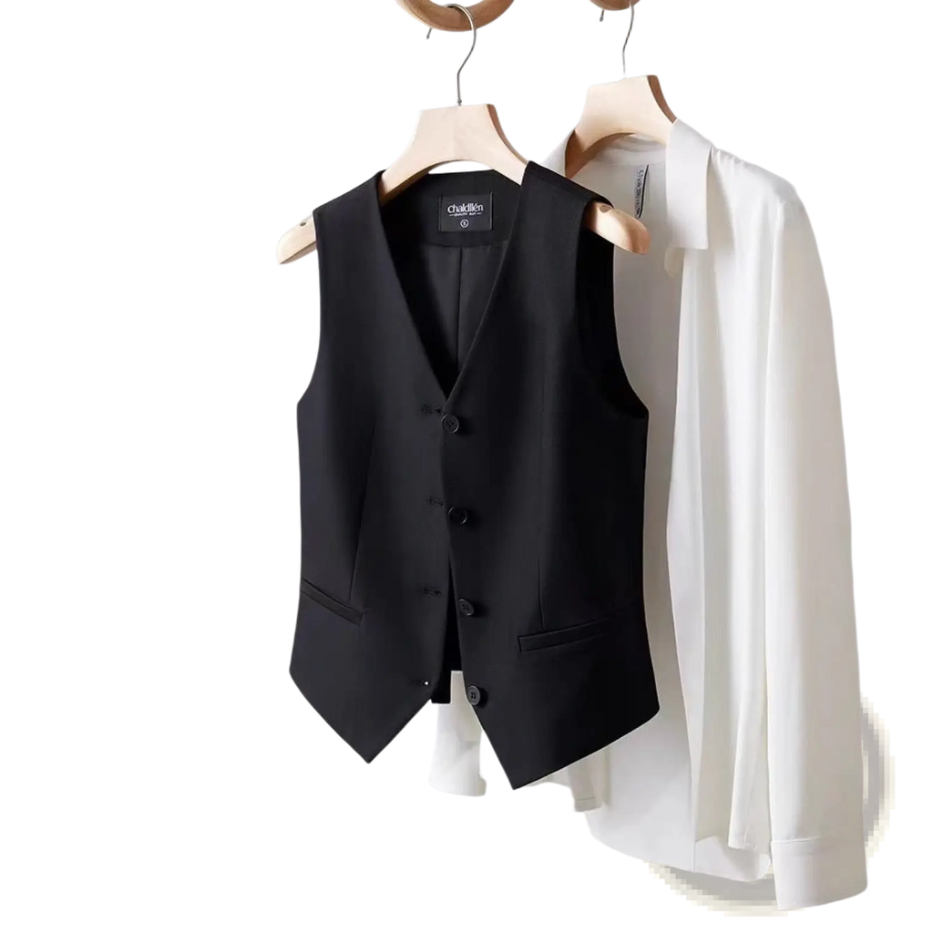 Black polyester women tailored vest with five dark buttons and flap pockets hanging on wooden hanger