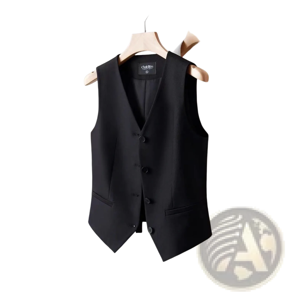 Black tailored women’s vest made of polyester with five dark buttons and two front pockets hanging on wooden hanger