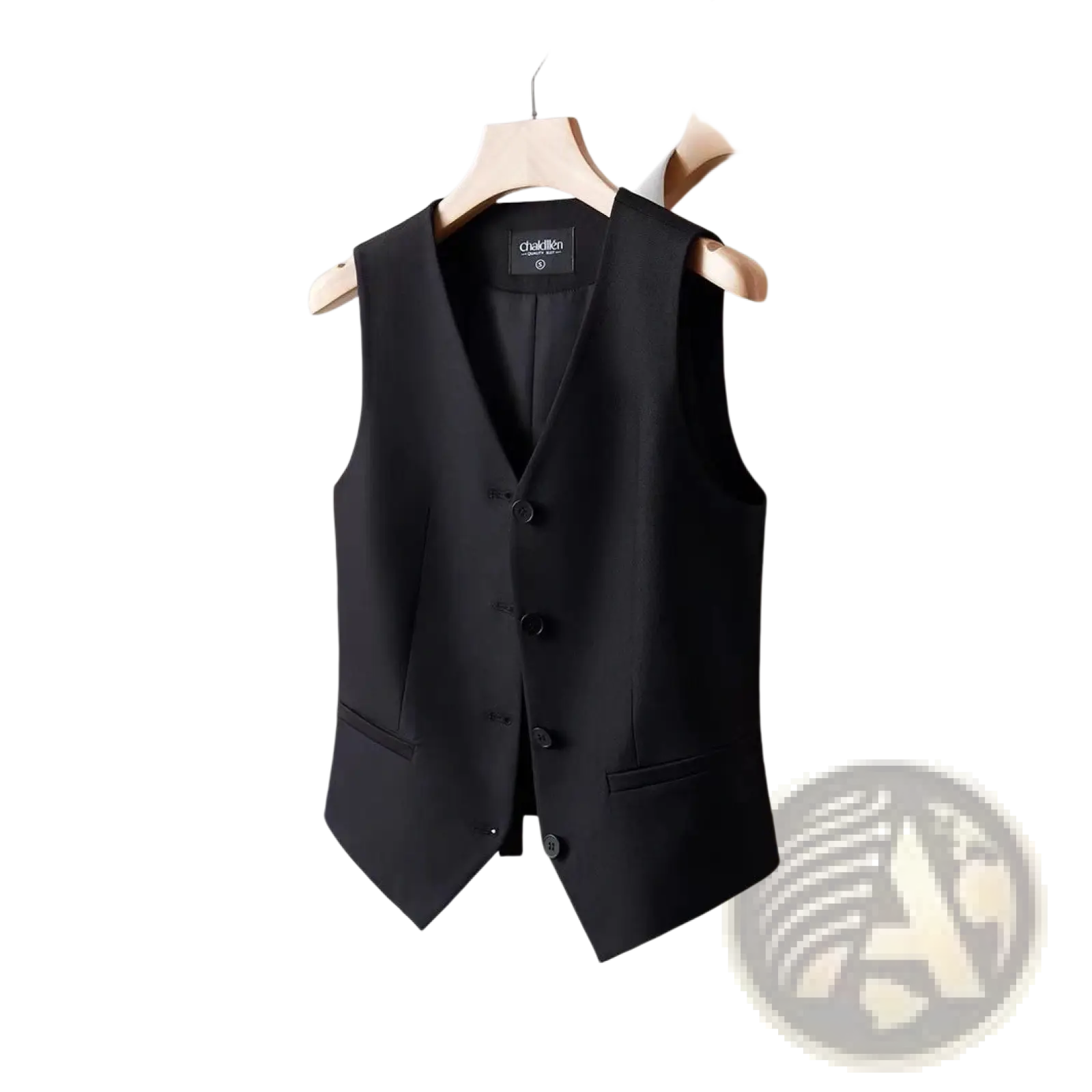 Black tailored women’s vest made of polyester with five dark buttons and two front pockets hanging on wooden hanger