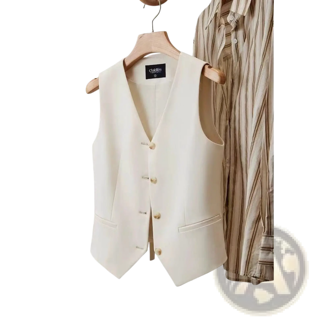 Cream-colored tailored polyester vest with subtle vertical pleats and matching buttons for women