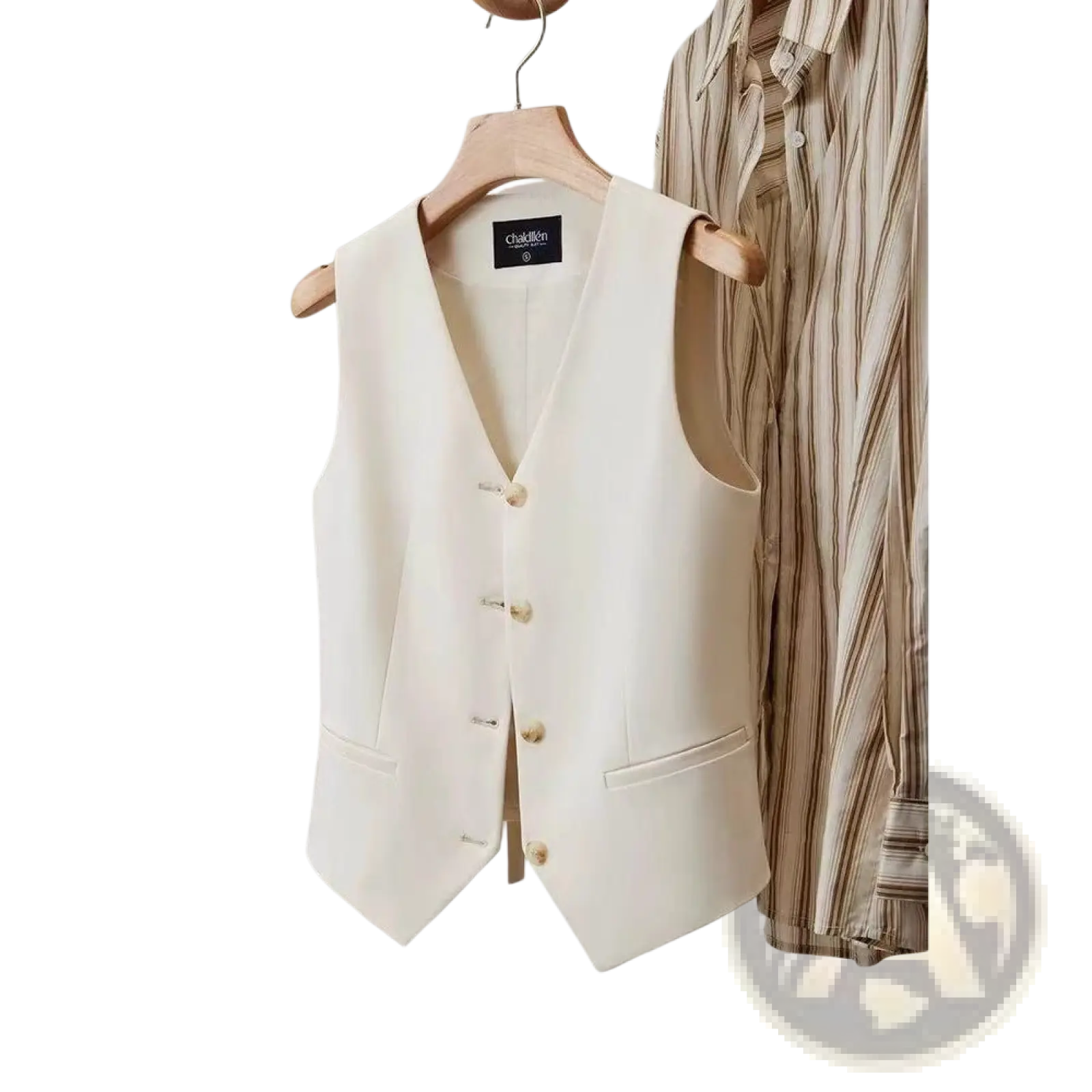 Cream-colored tailored polyester vest with subtle vertical pleats and matching buttons for women