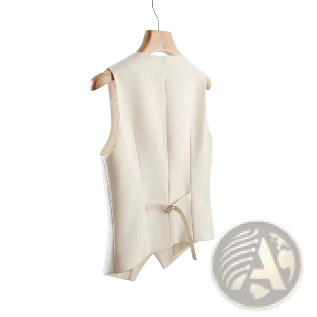 Women tailored sleeveless vest in cream polyester with minimalist design and back fabric tie shown from the back side