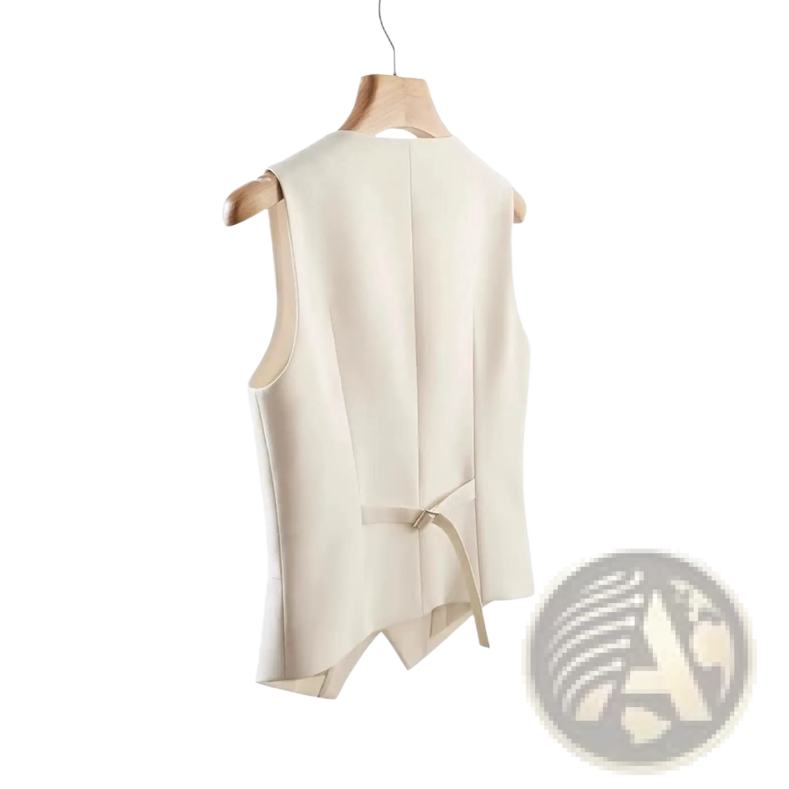 Women tailored sleeveless vest in cream polyester with minimalist design and back fabric tie shown from the back side