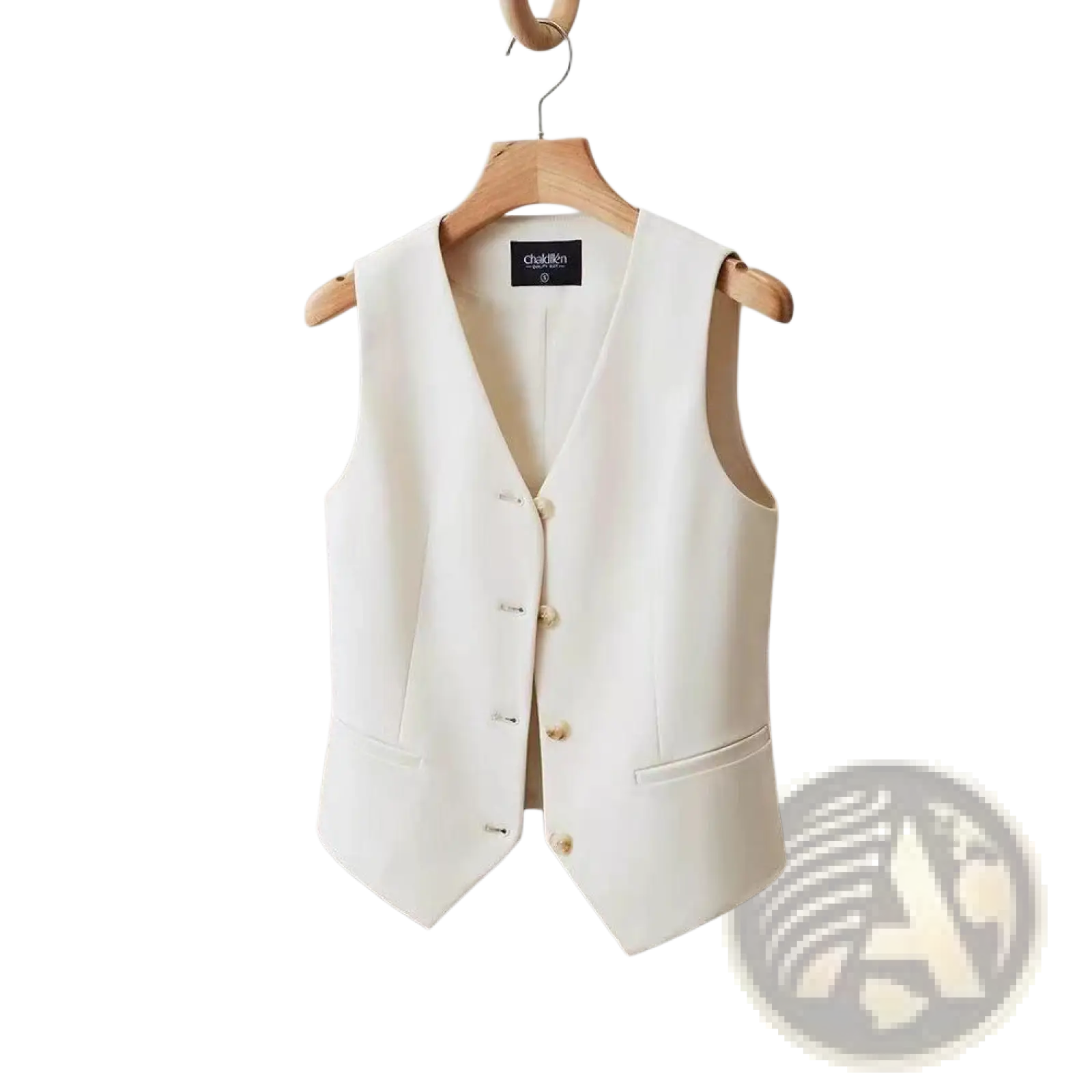 A sleek white polyester tailored wool vest with v-neck button front and flap pockets displayed on a wooden hanger