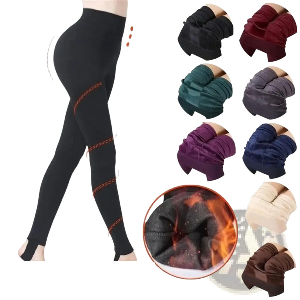 Black high-waisted women thermal fleece lined leggings with plush warm inner lining for cold weather use