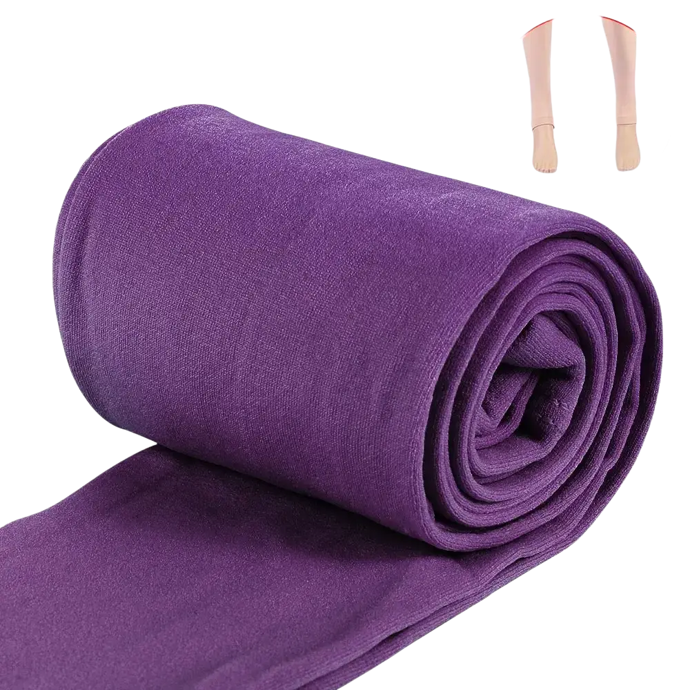 A pair of solid purple women thermal fleece lined leggings rolled neatly showing soft textured material