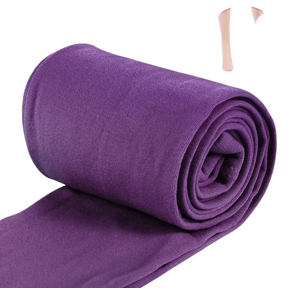 A plush solid purple roll of women thermal fleece lined leggings showcasing soft fabric texture and smooth finish