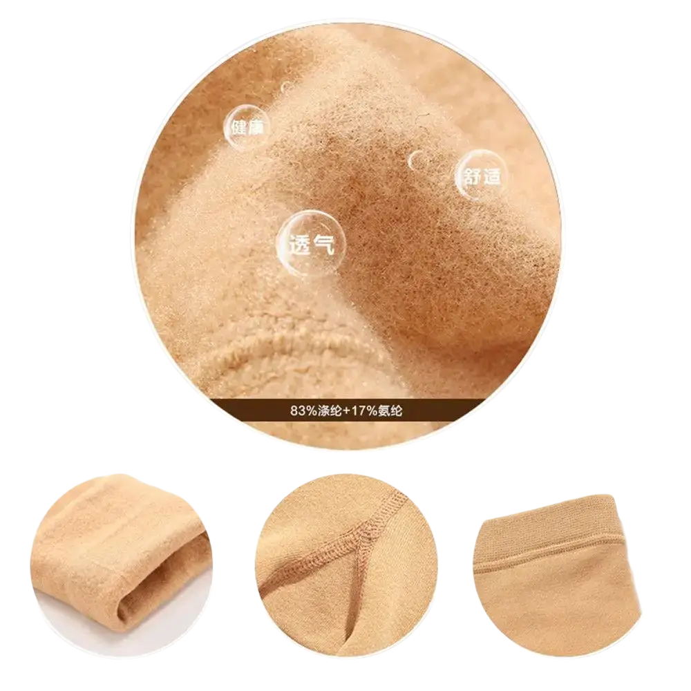 Soft beige women thermal fleece lined leggings made of 83% cotton 17% nylon with cozy breathable knit texture