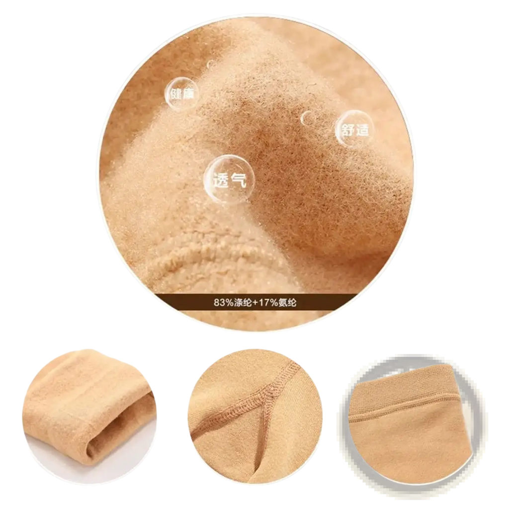 Soft beige women thermal fleece lined leggings made of 83% cotton 17% nylon with cozy breathable knit texture