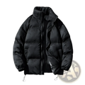 Black women thick padded winter coat suede puffer jacket with high collar and quilted design visible from the back side