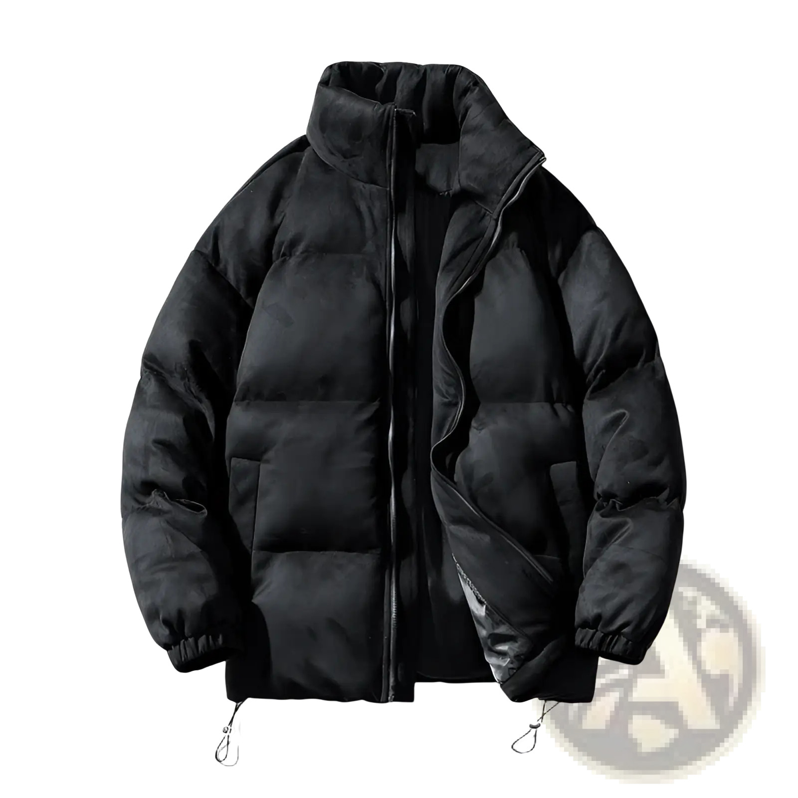 Black women thick padded winter coat suede puffer jacket with high collar and quilted design visible from the back side