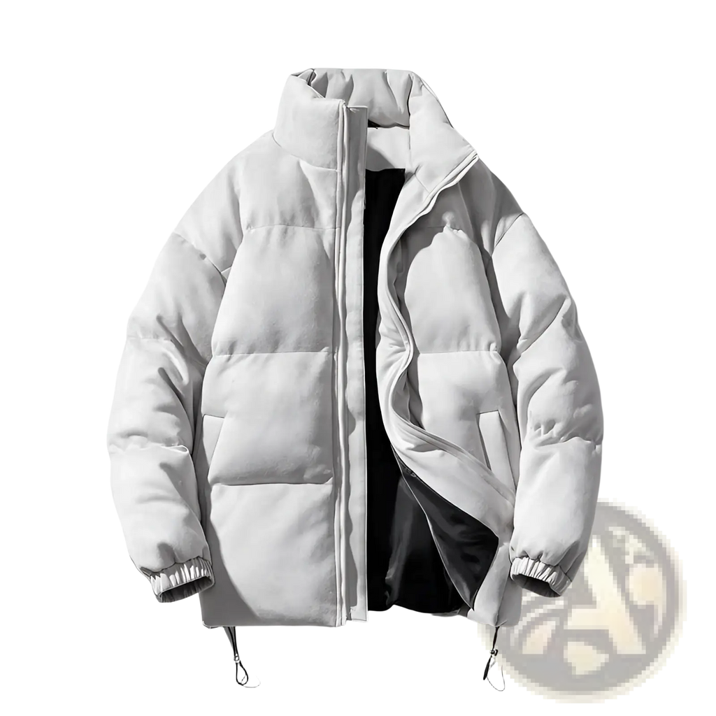 A light gray suede women thick padded winter coat with a high collar elastic cuffs and puffy quilting