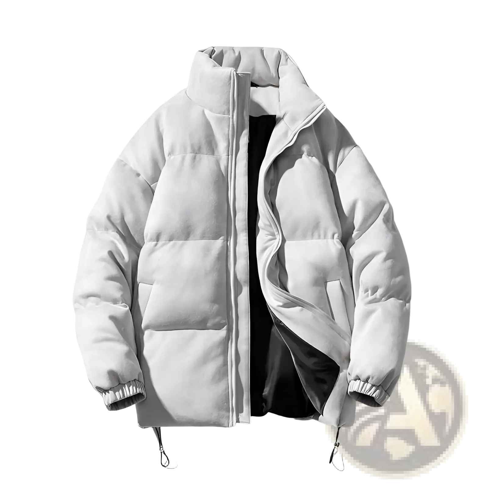 A light gray suede women thick padded winter coat with a high collar elastic cuffs and puffy quilting