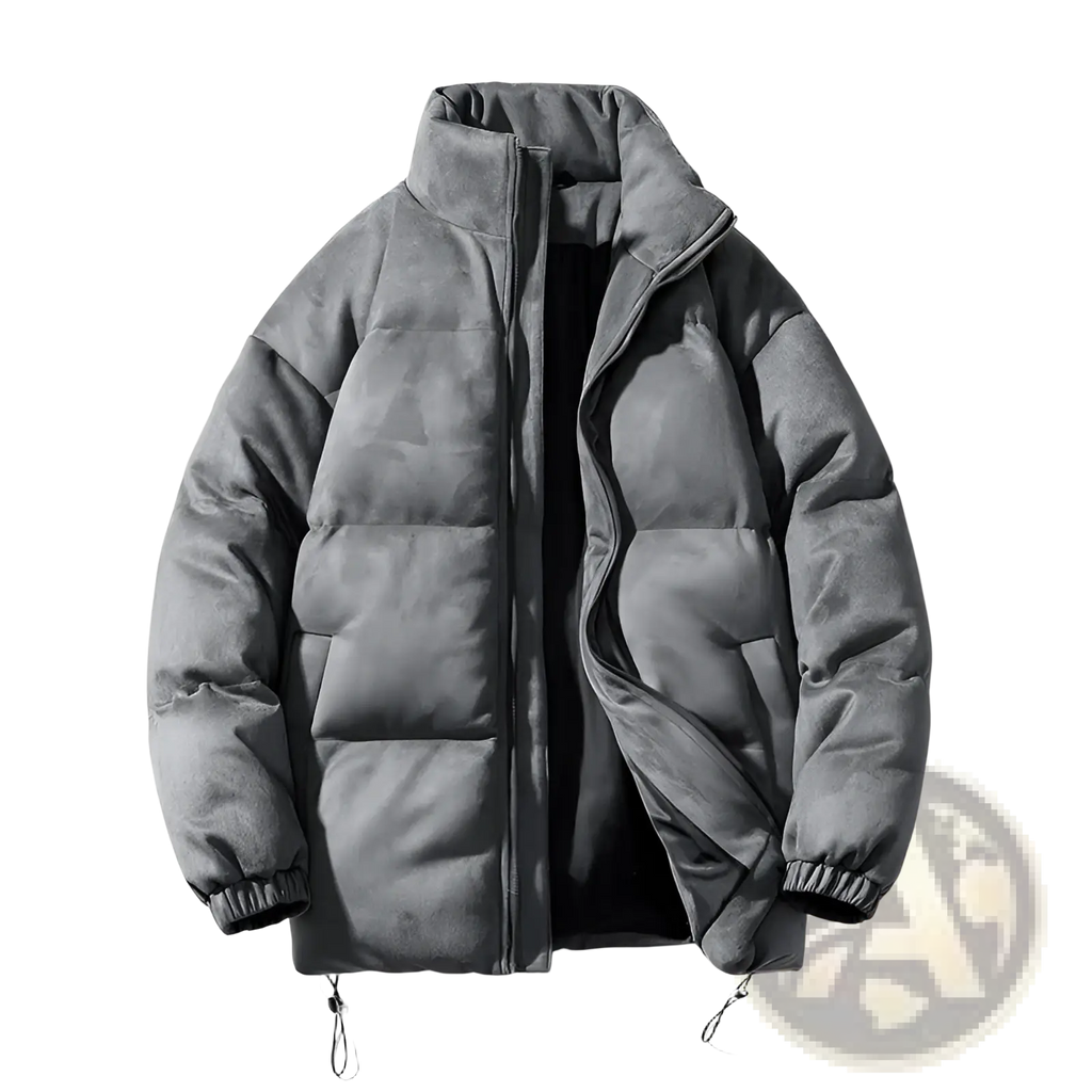 Women thick padded winter coat gray suede-lined puffer jacket with high collar and elastic cuffs for cold weather