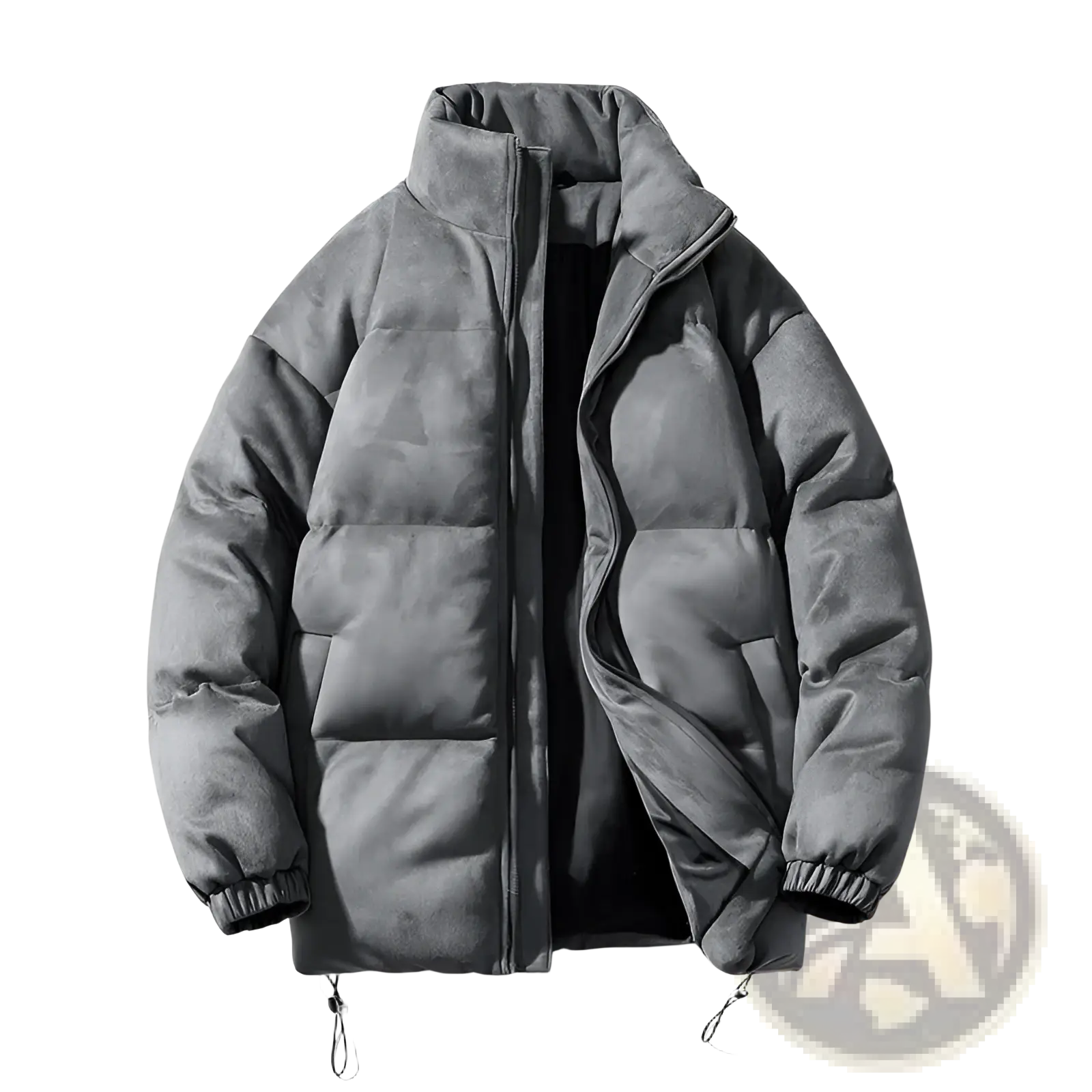 Women thick padded winter coat gray suede-lined puffer jacket with high collar and elastic cuffs for cold weather