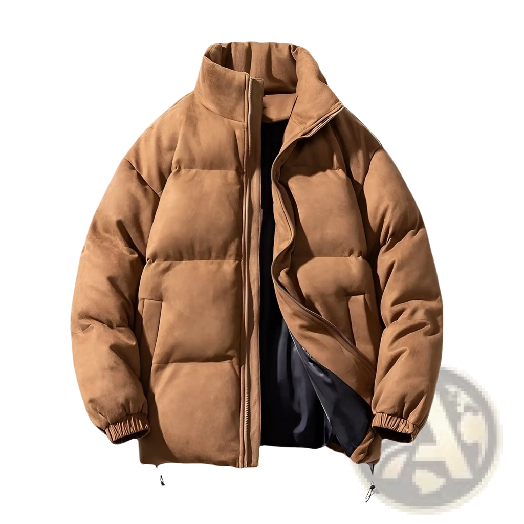 Women thick padded winter coat tan suede puffer jacket with high collar and black inner lining for cold weather