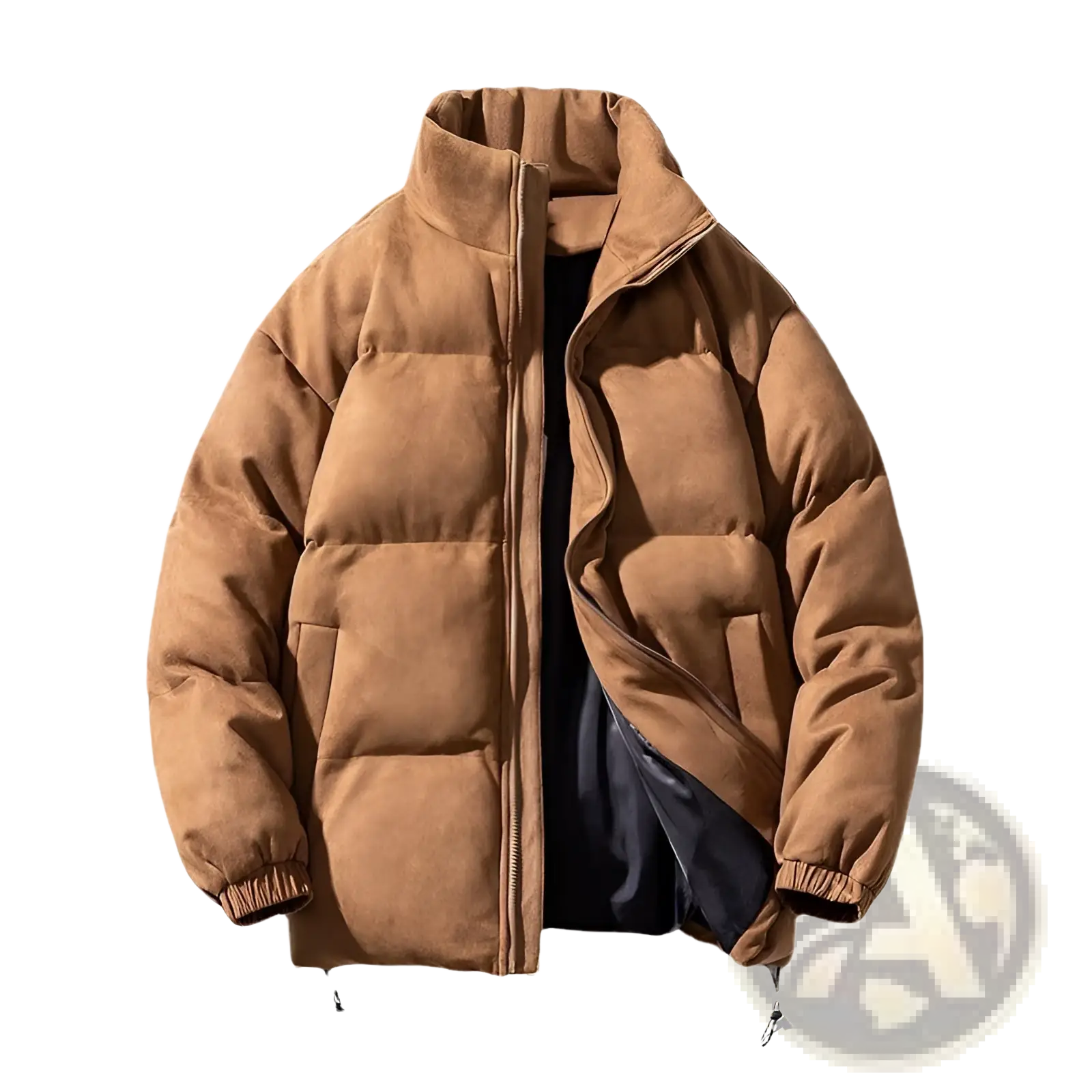 Women thick padded winter coat tan suede puffer jacket with high collar and black inner lining for cold weather