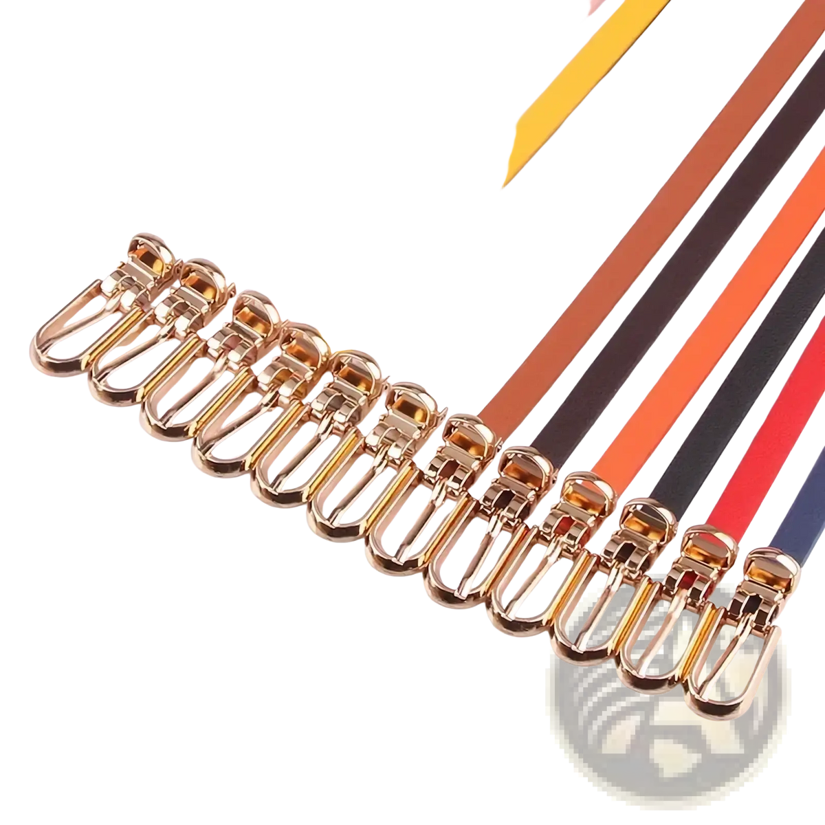 A collection of colorful women thin pu leather belts with gold-toned d-ring buckle straps