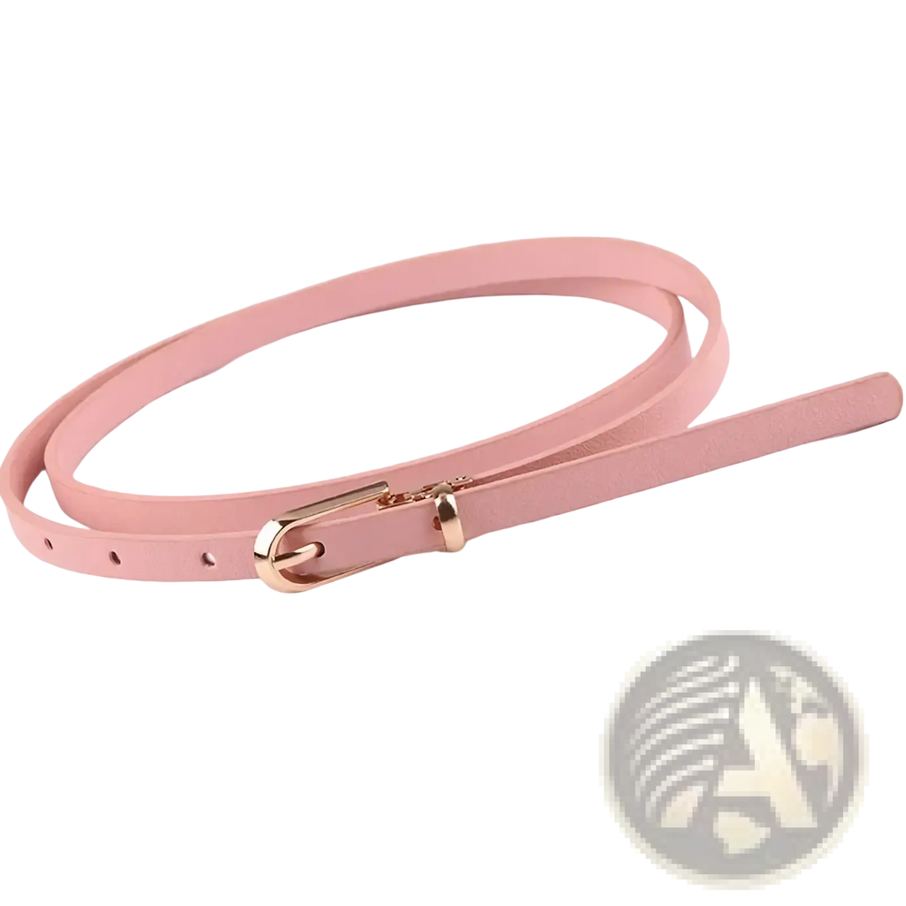 A delicate pink thin pu leather belt with d-ring buckle strap and sleek gold-toned zipper closure for women