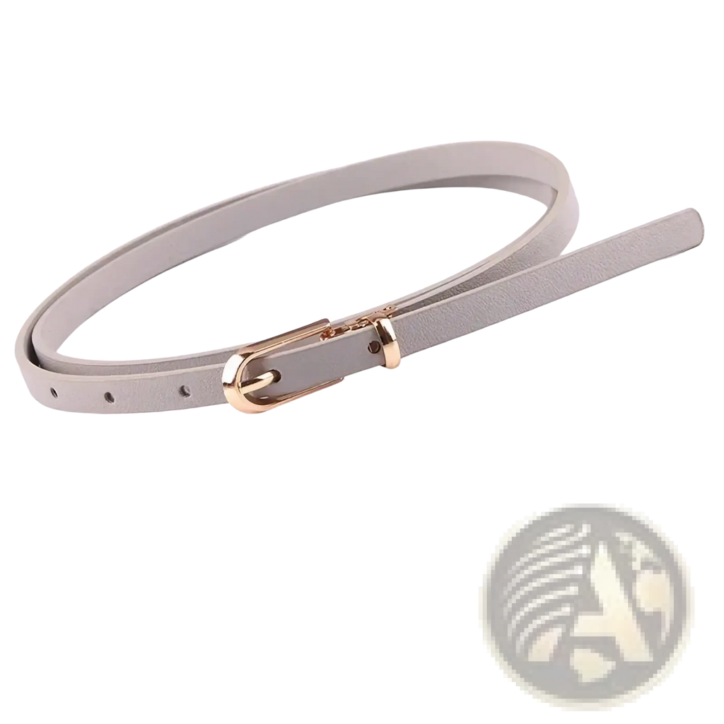 A sleek light gray women thin pu leather belt with a minimalist gold tone d ring buckle strap
