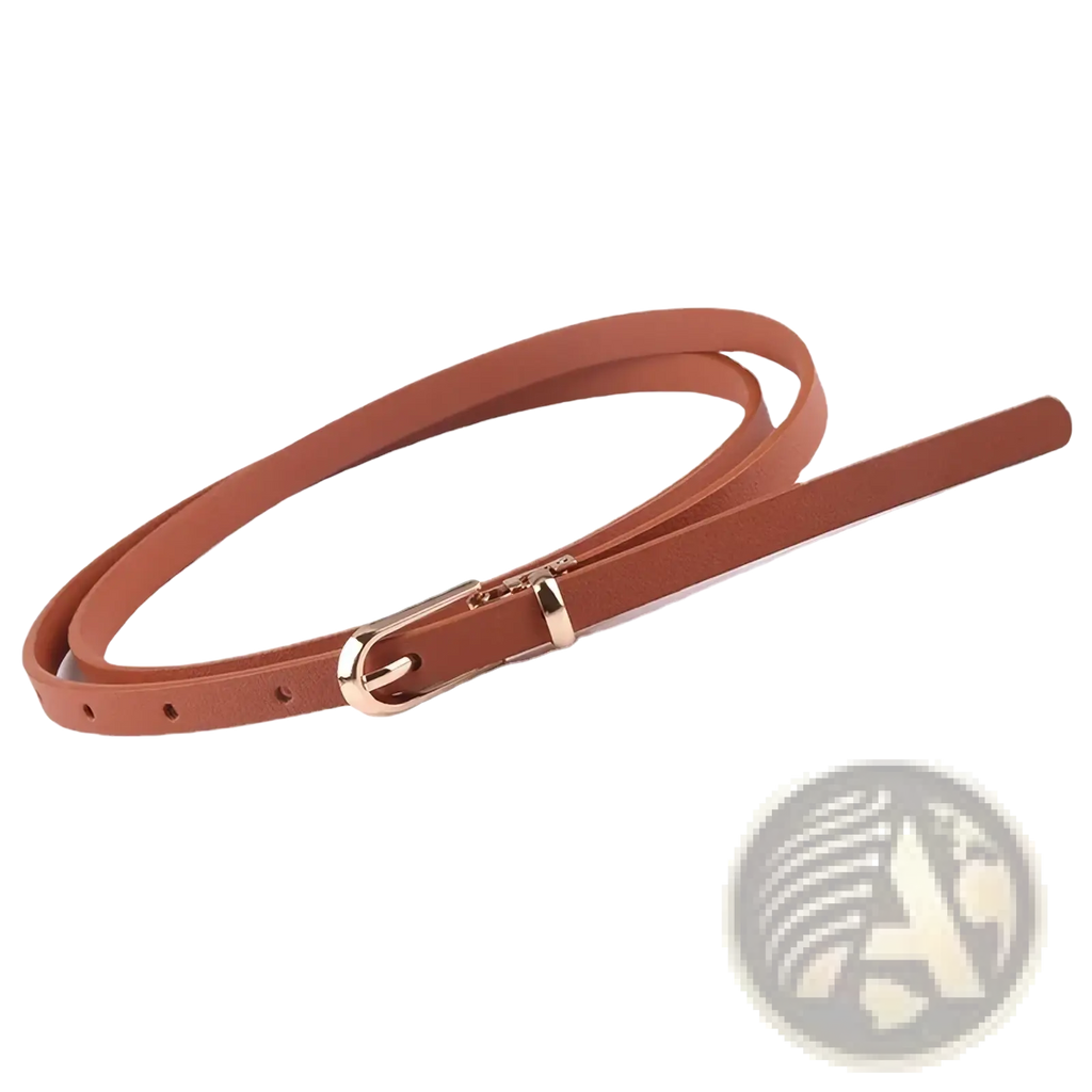 Women thin pu leather belt in tan with a gold-toned d-ring buckle strap for stylish waist accessorizing