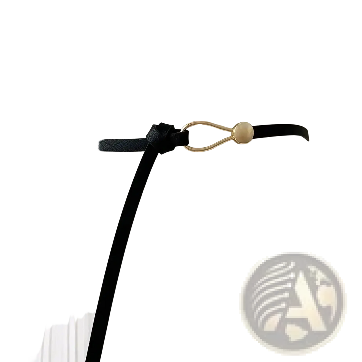Black thin pu leather belt with gold-toned oval buckle and tied knot detail for women