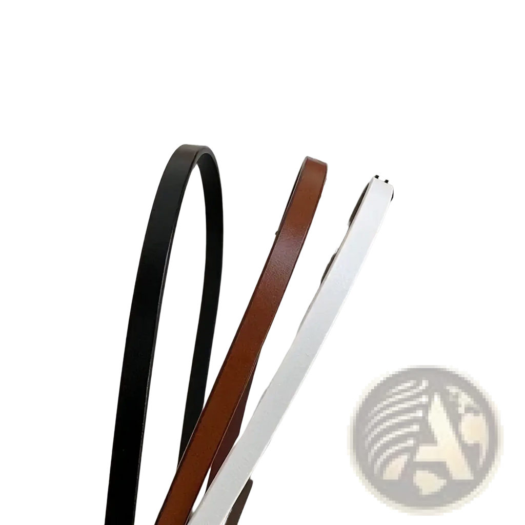 Three slim women thin pu leather belts in black, brown, and white with golden buckles neatly arranged