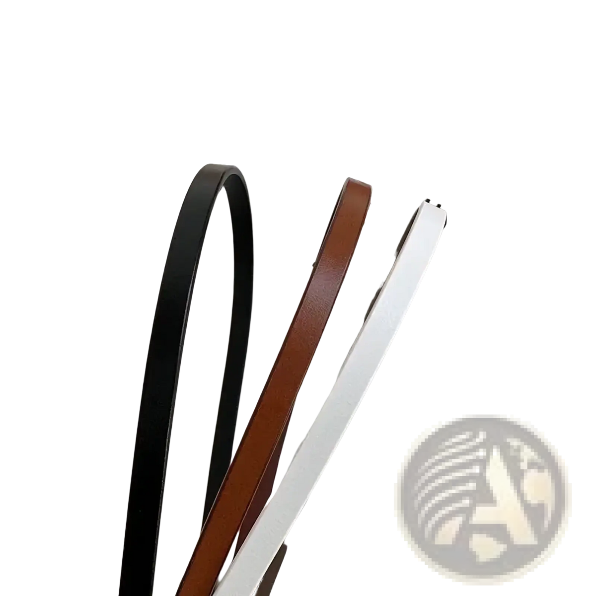 Three slim women thin pu leather belts in black, brown, and white with golden buckles neatly arranged